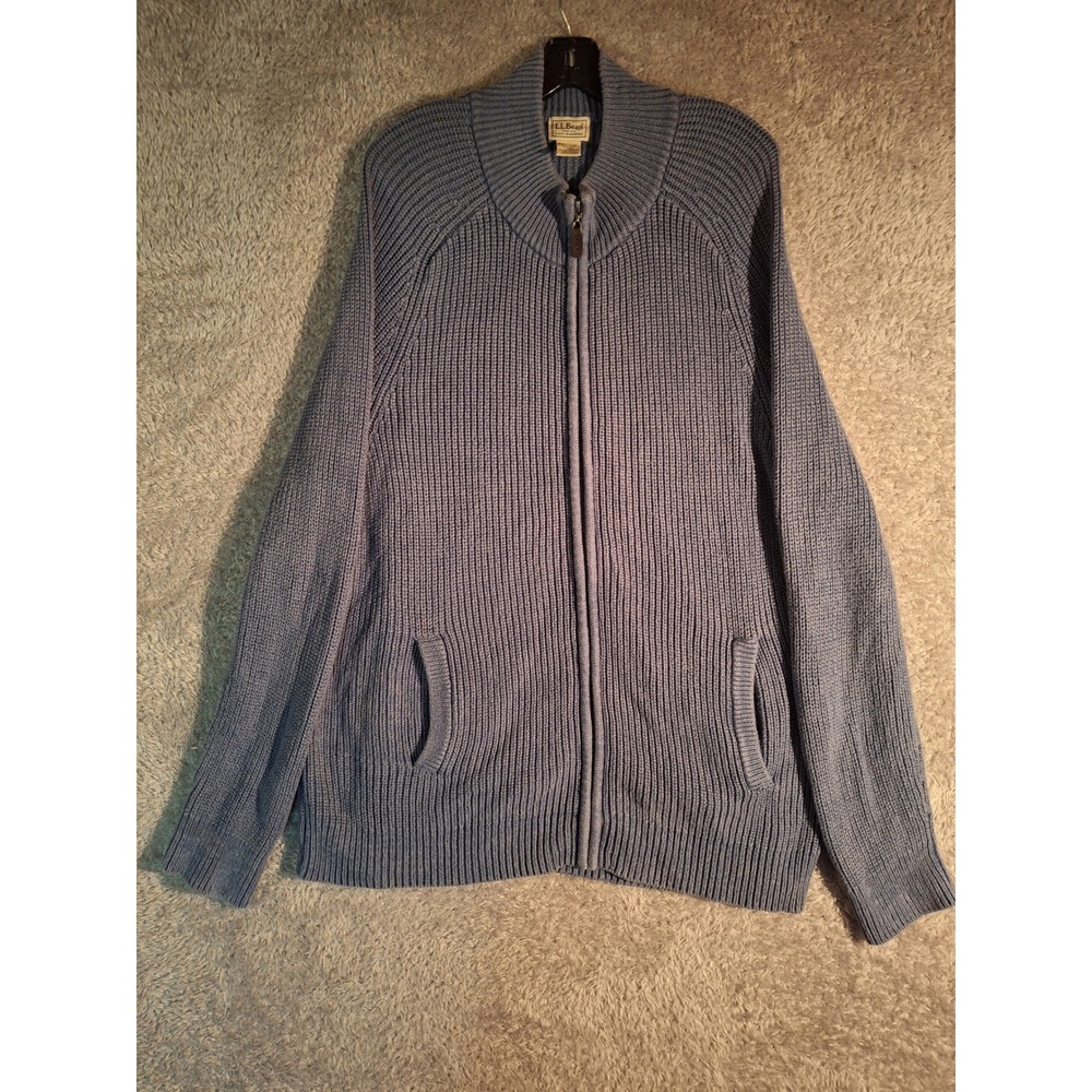LL Bean Shaker Stitch Full Zip Cotton Cardigan Sweater Mens Large Tall Blue